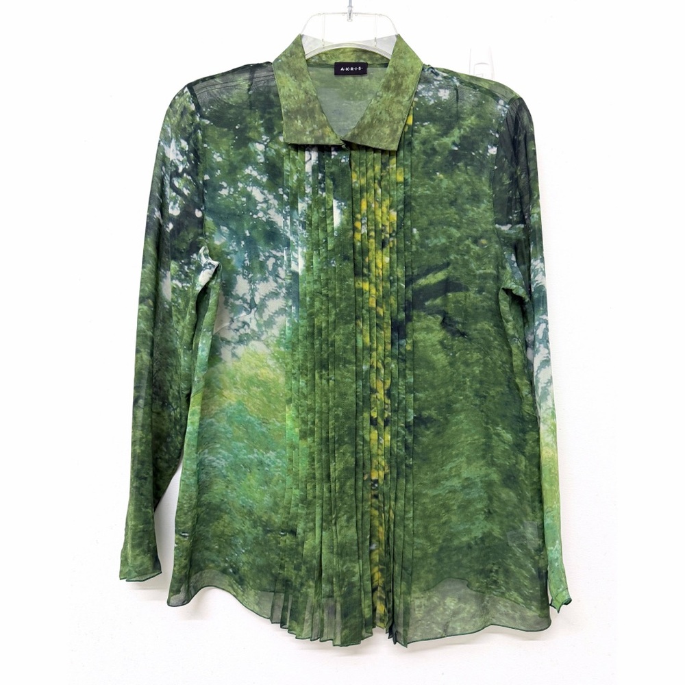Akris Tree Forest Print Silk Chiffon Blouse Top Pleated Green Foliage Floral 8 - Picture 3 of 16